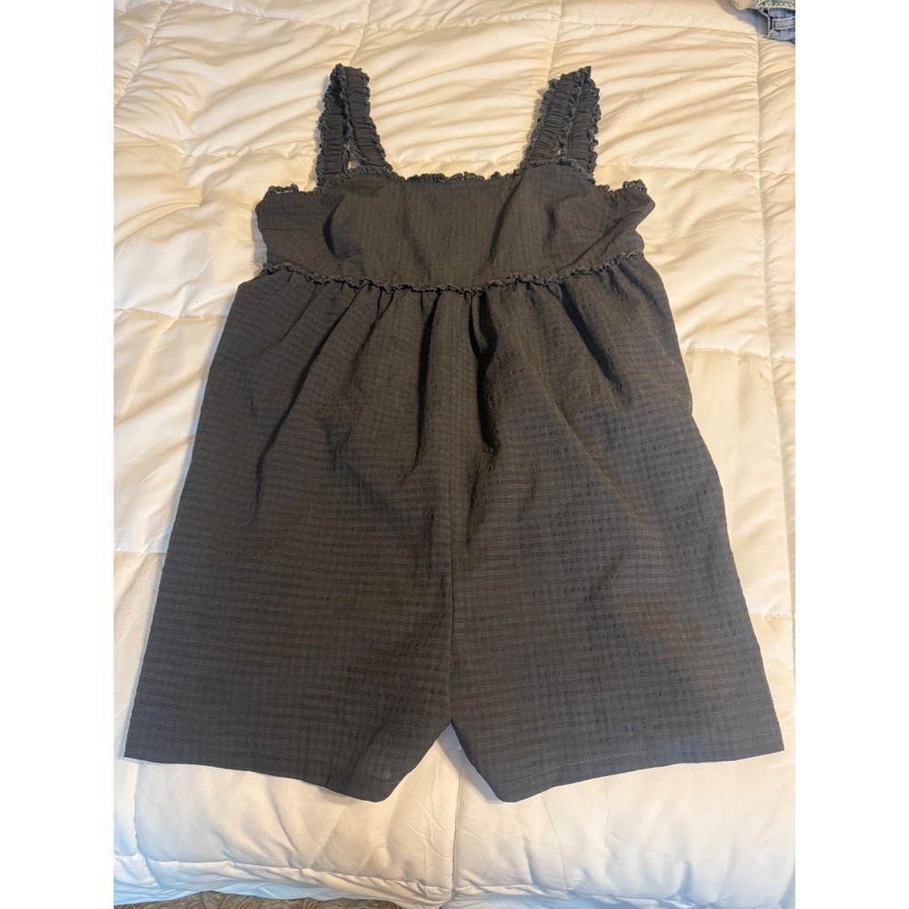 &merci Romper Women L Grey Excellent Bow Back Ruffle Strap Seersucker Textured